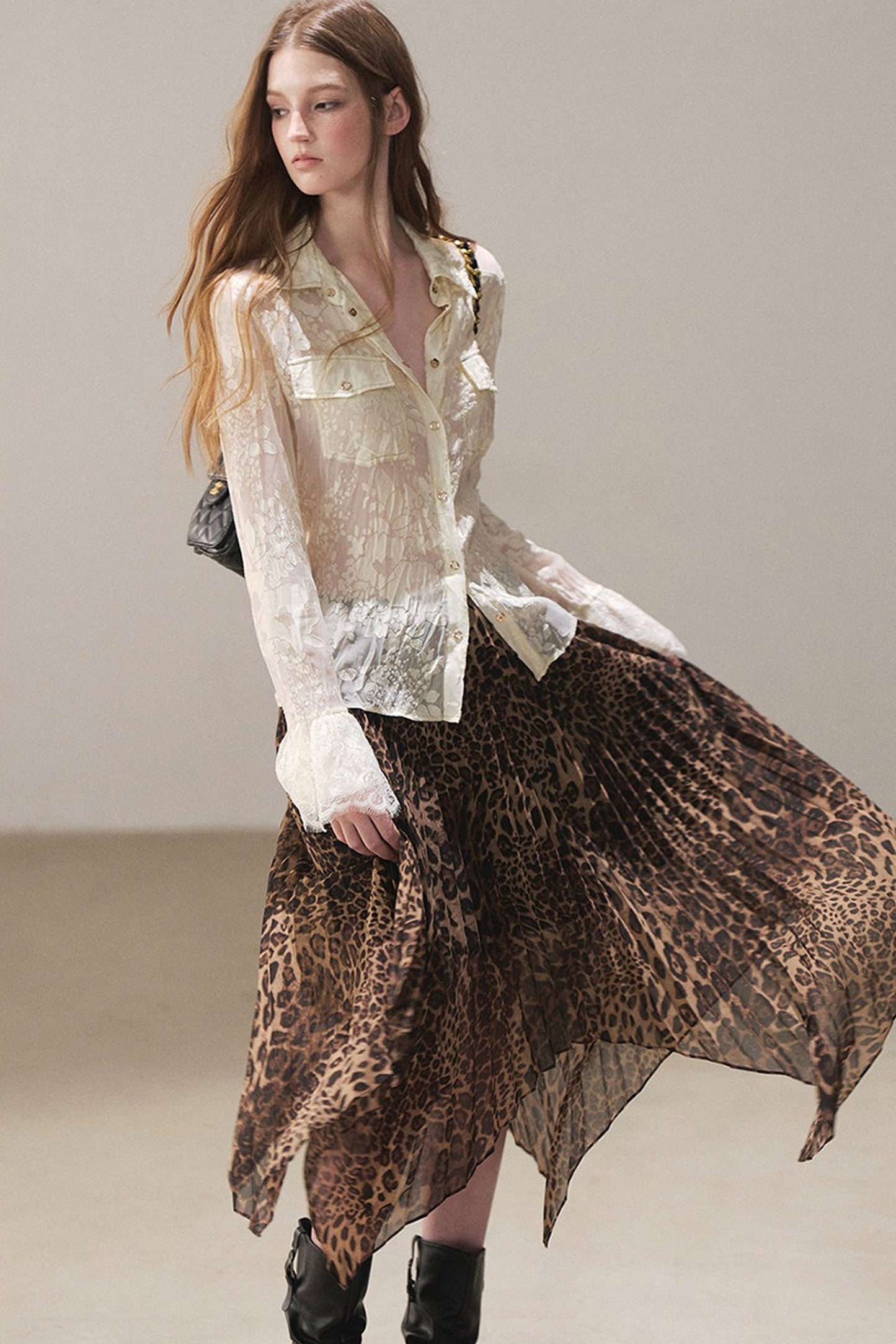 Irregular Hem Stacked Pleats Leopard Skirt