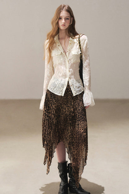 Irregular Hem Stacked Pleats Leopard Skirt