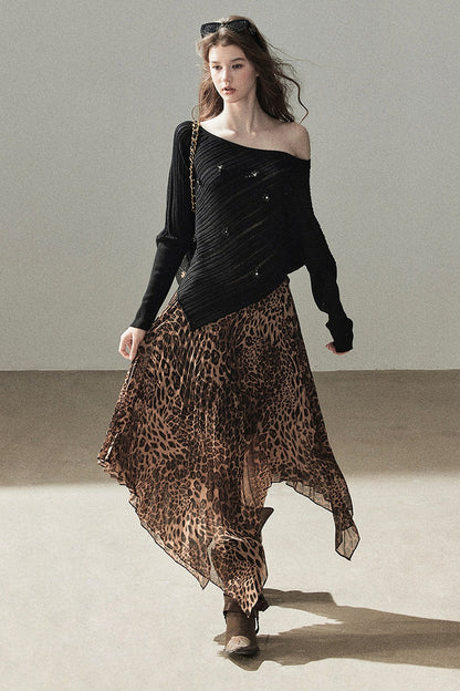 Irregular Hem Stacked Pleats Leopard Skirt