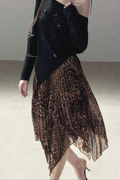 Irregular Hem Stacked Pleats Leopard Skirt
