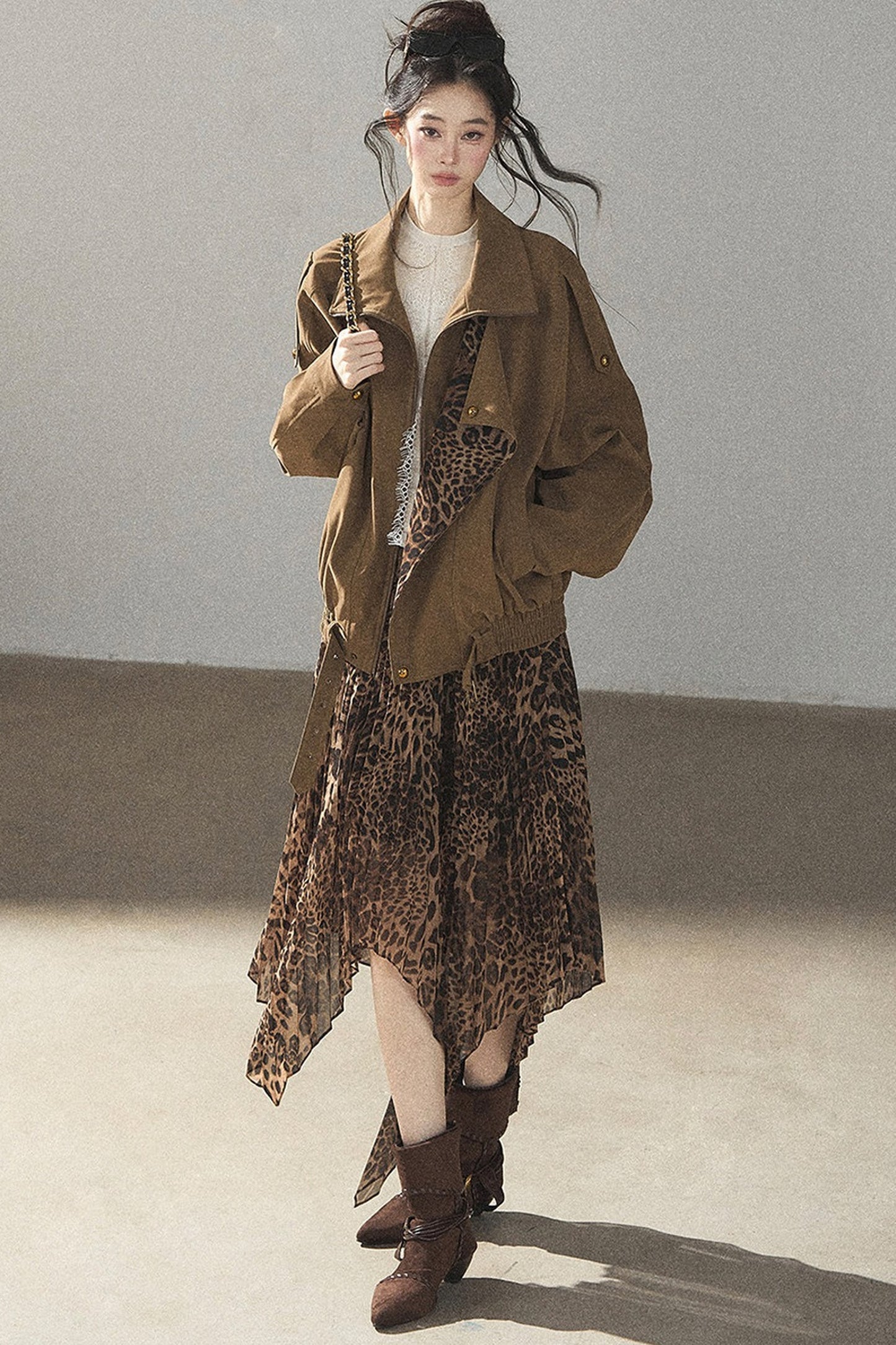 Irregular Hem Stacked Pleats Leopard Skirt