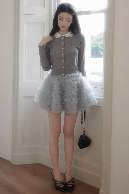 Strickjacke mit Bubikragen und Stufenrock-Set