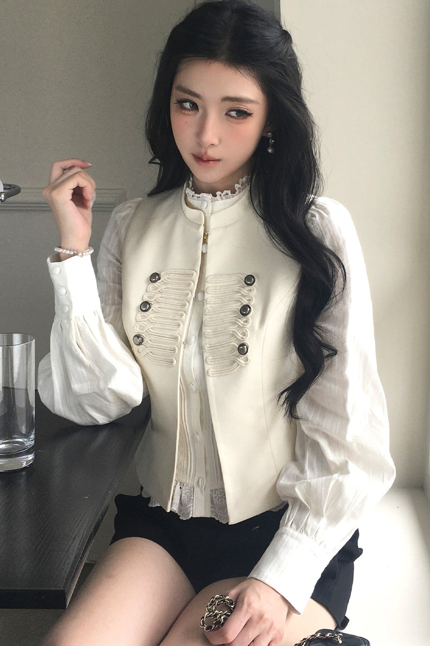 French Style Ruffled Stand Collar Vest