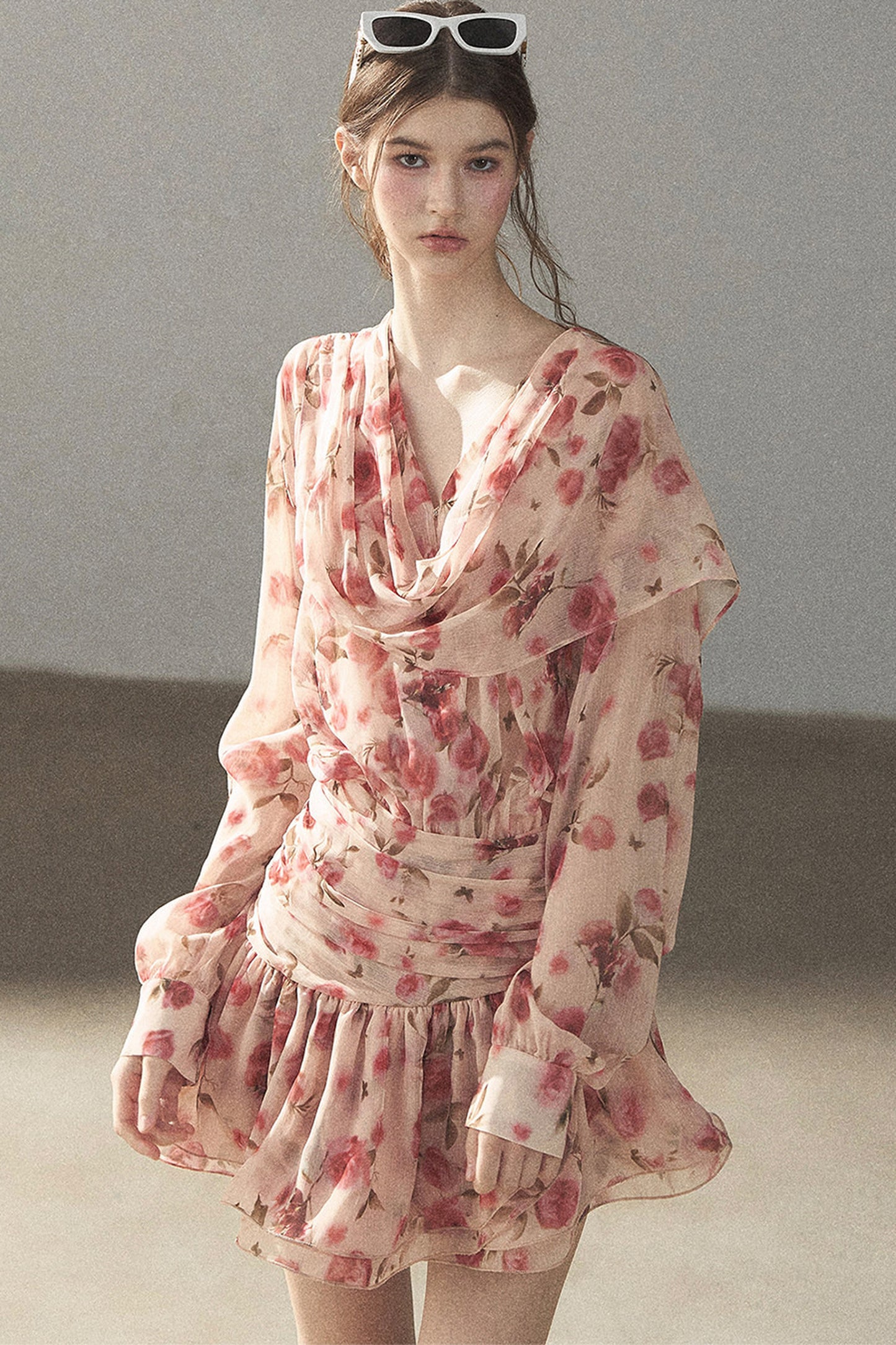 Puff Floral Chiffon Dress and Leggings Set