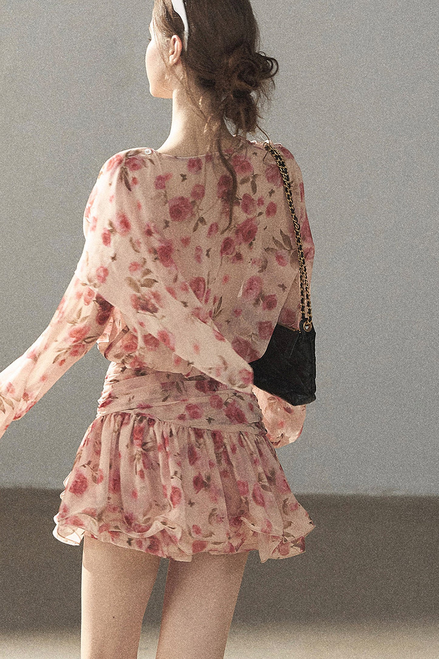 Puff Floral Chiffon Dress and Leggings Set