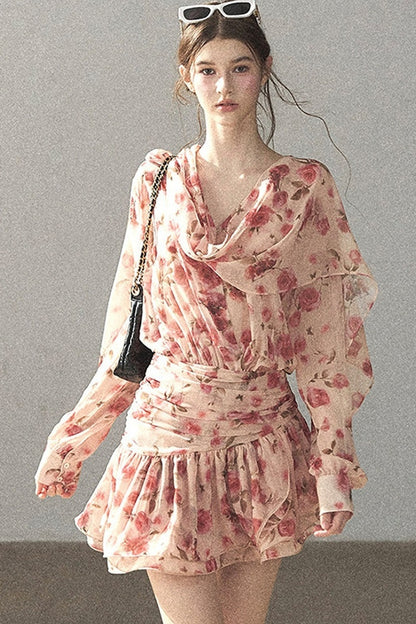 Puff Floral Chiffon Dress and Leggings Set
