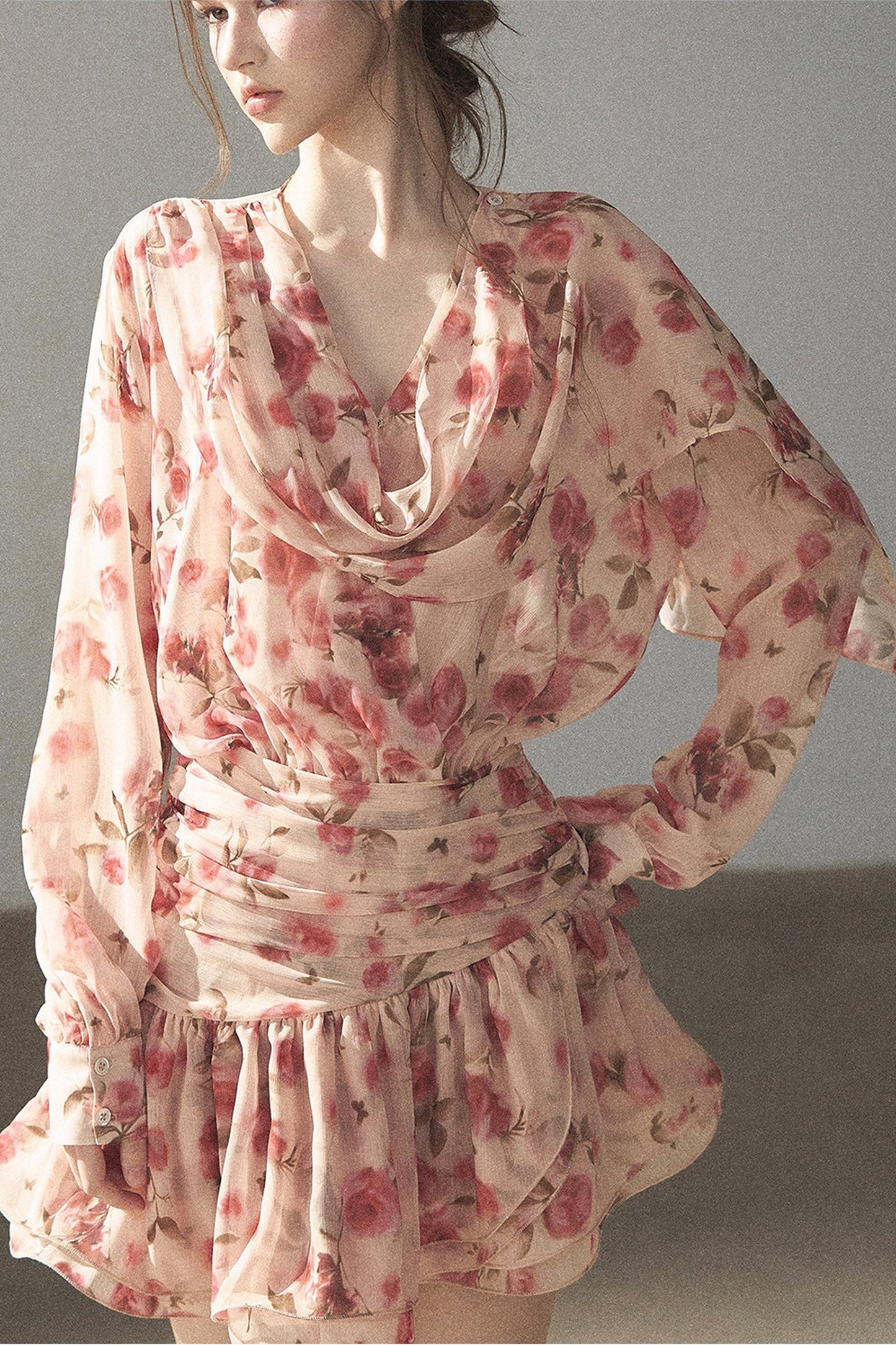 Puff Floral Chiffon Dress and Leggings Set