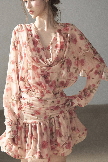 Puff Floral Chiffon Dress and Leggings Set