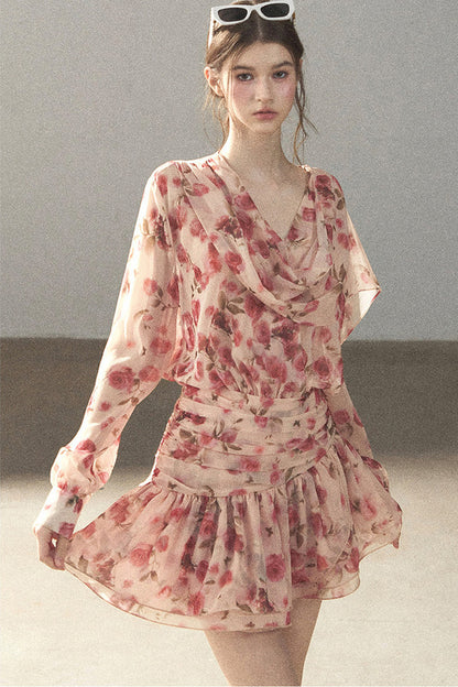 Puff Floral Chiffon Dress and Leggings Set