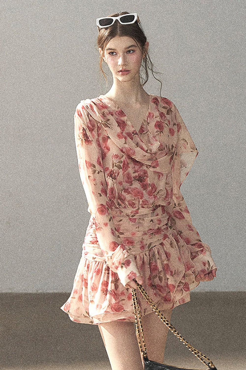 Puff Floral Chiffon Dress and Leggings Set