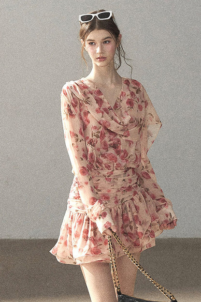 Puff Floral Chiffon Dress and Leggings Set