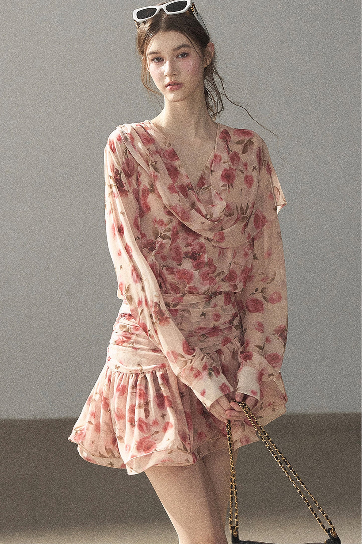 Puff Floral Chiffon Dress and Leggings Set