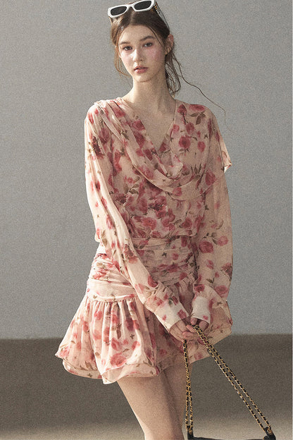 Puff Floral Chiffon Dress and Leggings Set