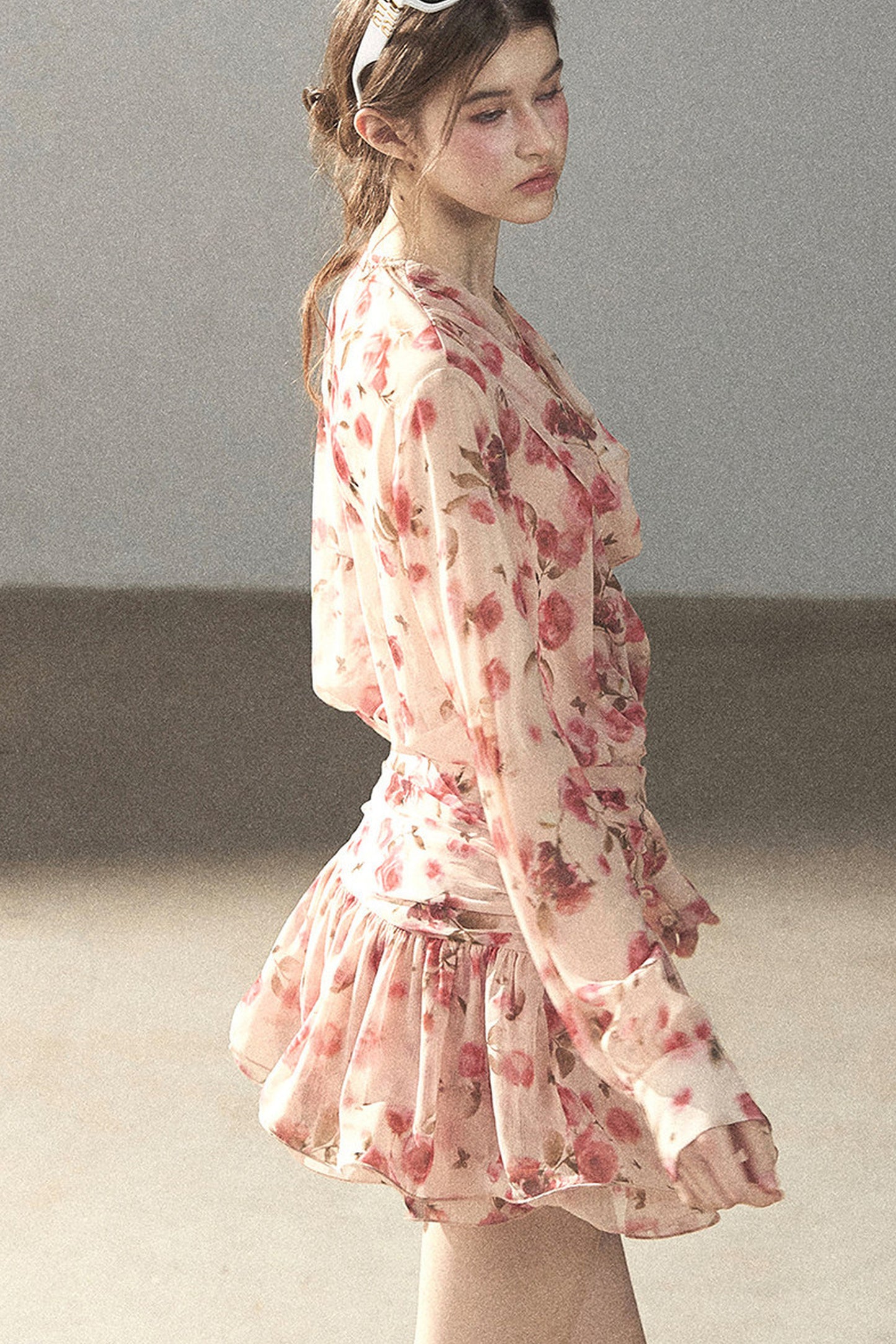 Puff Floral Chiffon Dress and Leggings Set