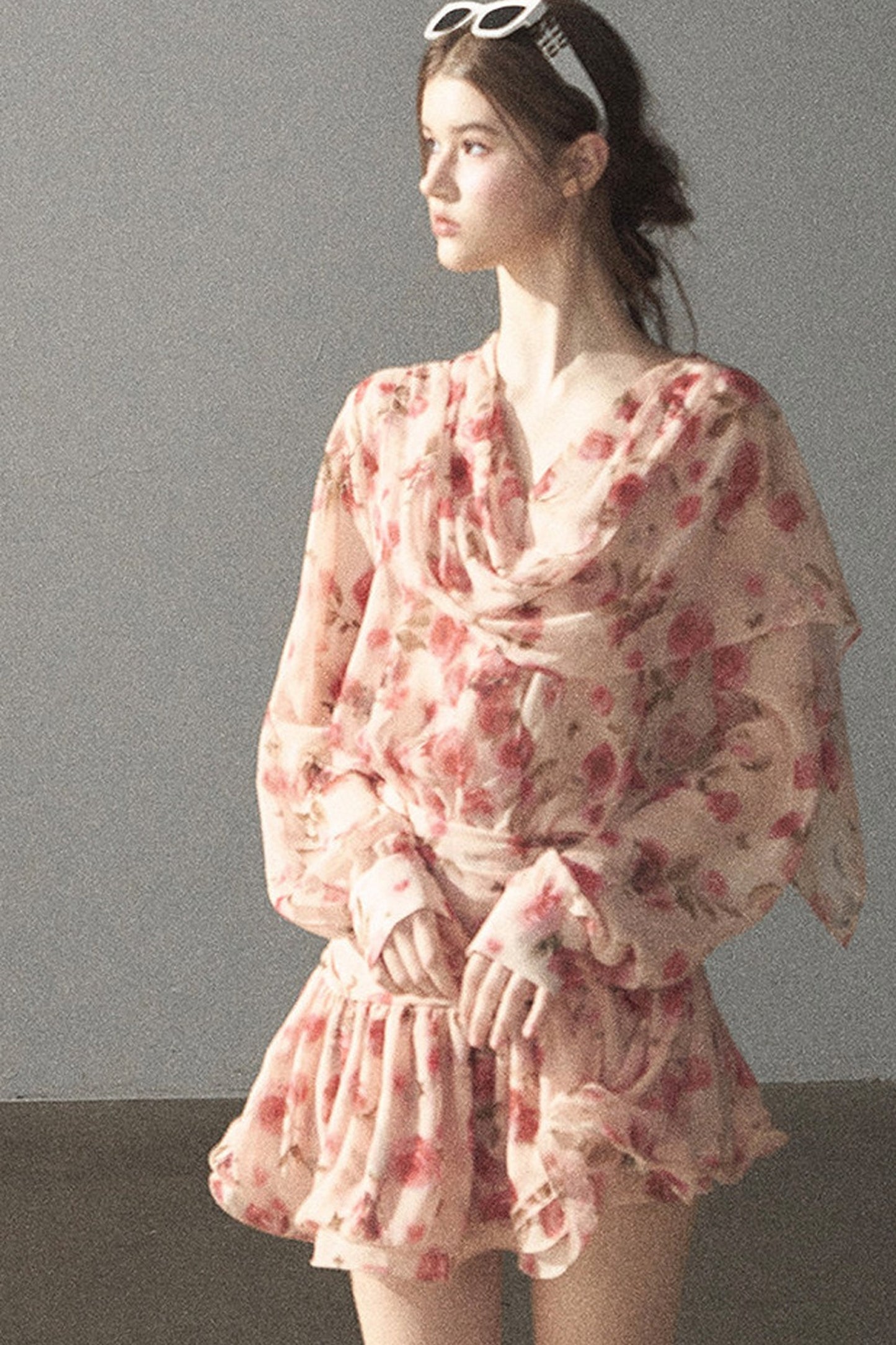 Puff Floral Chiffon Dress and Leggings Set