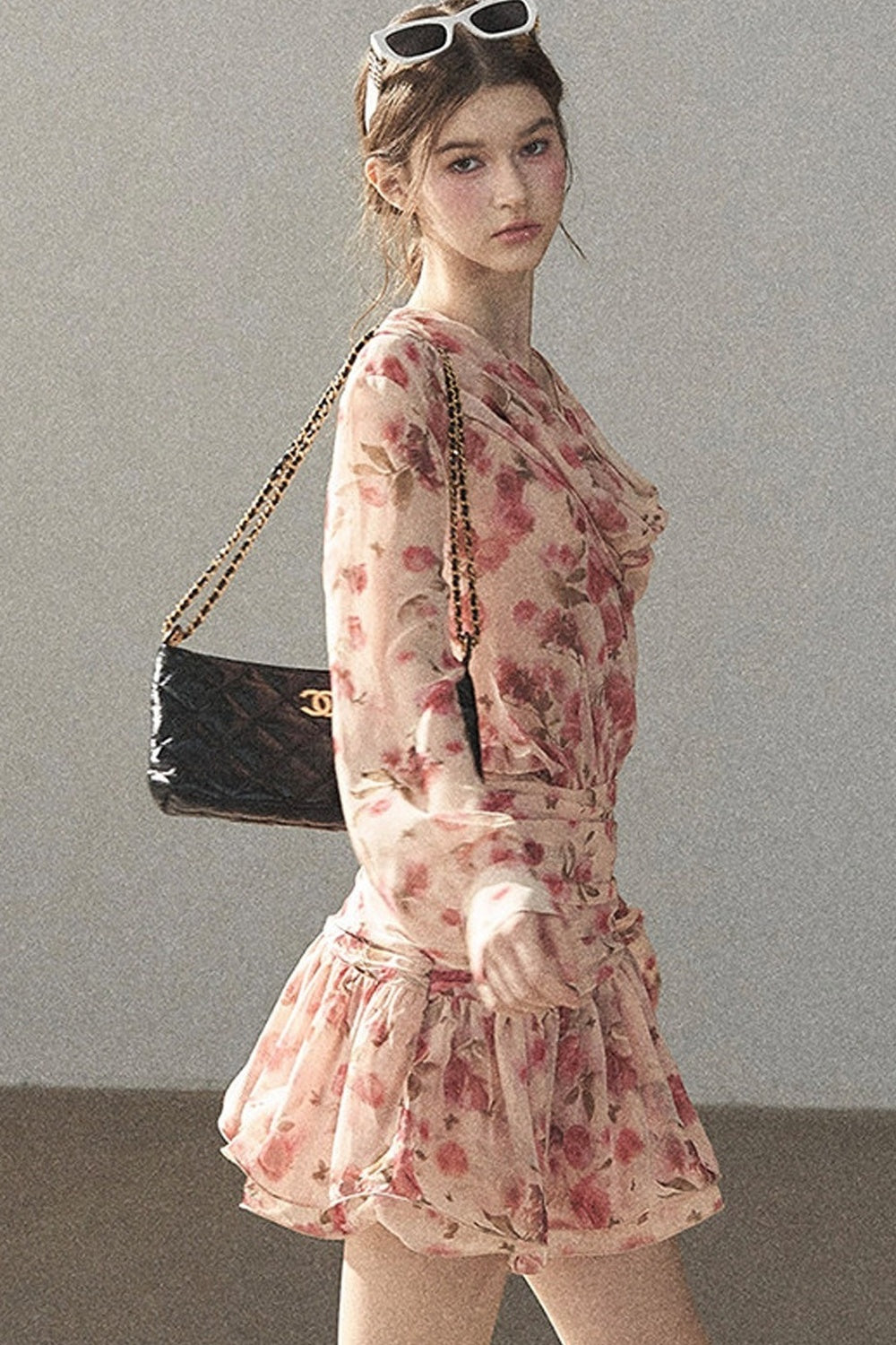 Puff Floral Chiffon Dress and Leggings Set