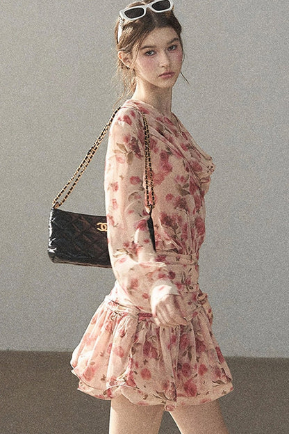 Puff Floral Chiffon Dress and Leggings Set