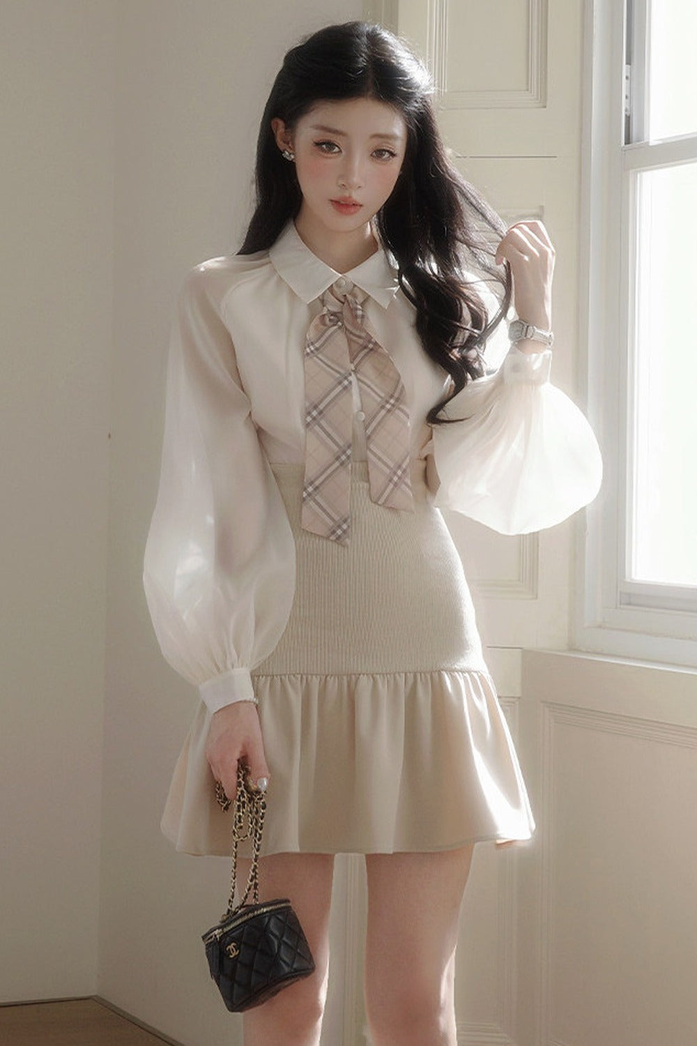 Plaid Ribbon Lantern Sleeve Shirt and Skirt Set-Up