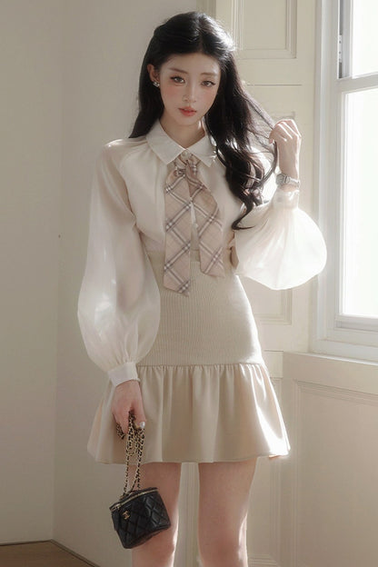 Plaid Ribbon Lantern Sleeve Shirt and Skirt Set-Up
