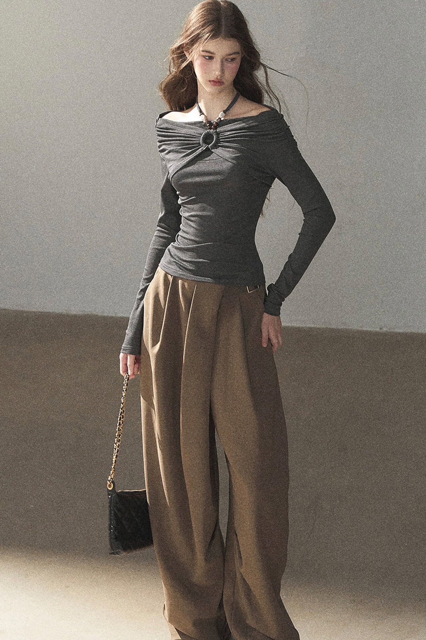 One-Shoulder Long-Sleeve Halter Blouse