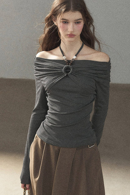 One-Shoulder Long-Sleeve Halter Blouse