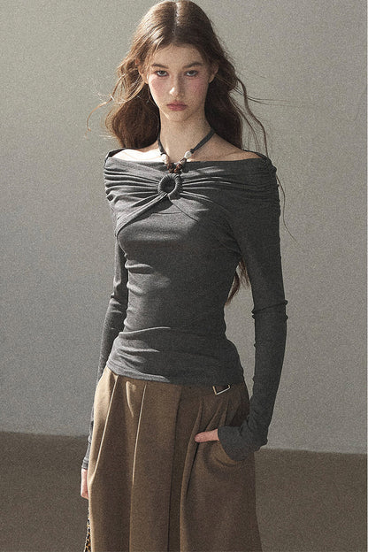 One-Shoulder Long-Sleeve Halter Blouse