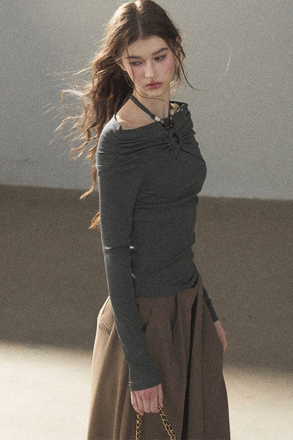 One-Shoulder Long-Sleeve Halter Blouse
