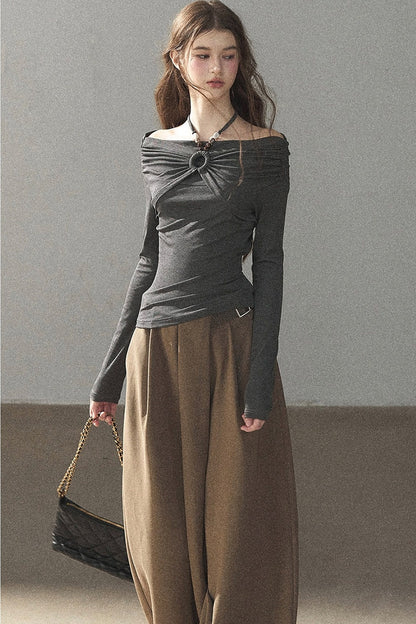One-Shoulder Long-Sleeve Halter Blouse