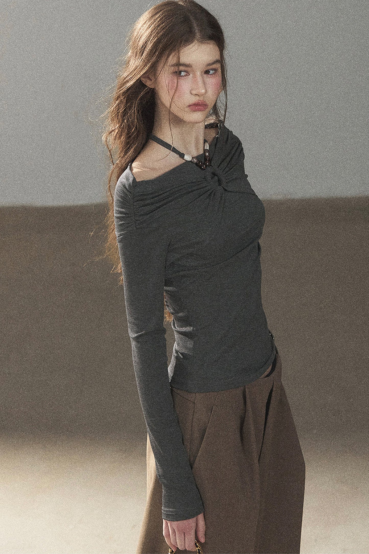 One-Shoulder Long-Sleeve Halter Blouse