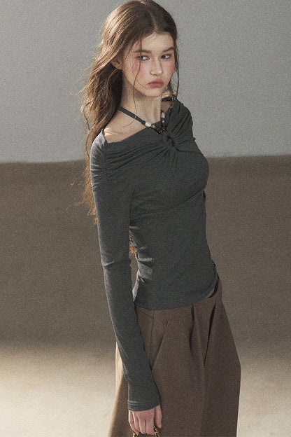 One-Shoulder Long-Sleeve Halter Blouse