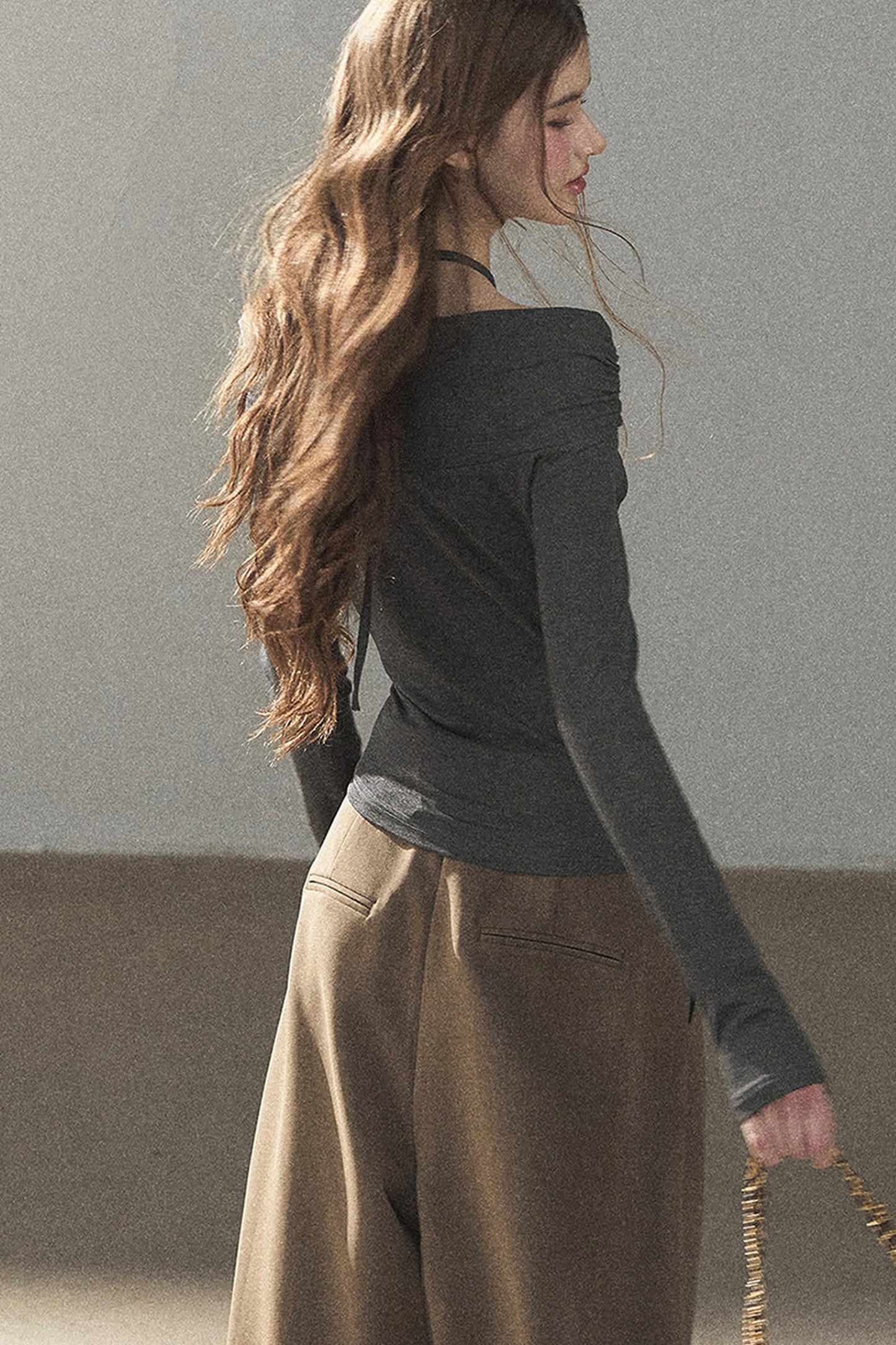 One-Shoulder Long-Sleeve Halter Blouse