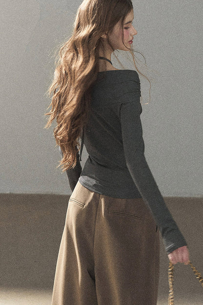 One-Shoulder Long-Sleeve Halter Blouse