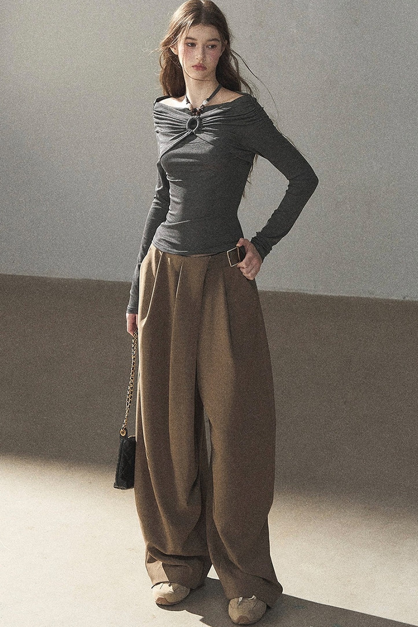 One-Shoulder Long-Sleeve Halter Blouse