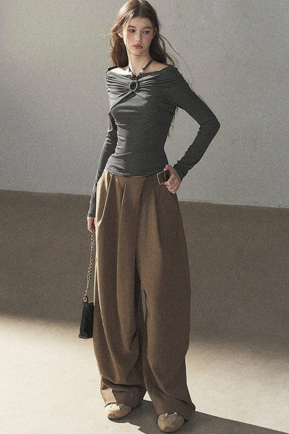 One-Shoulder Long-Sleeve Halter Blouse