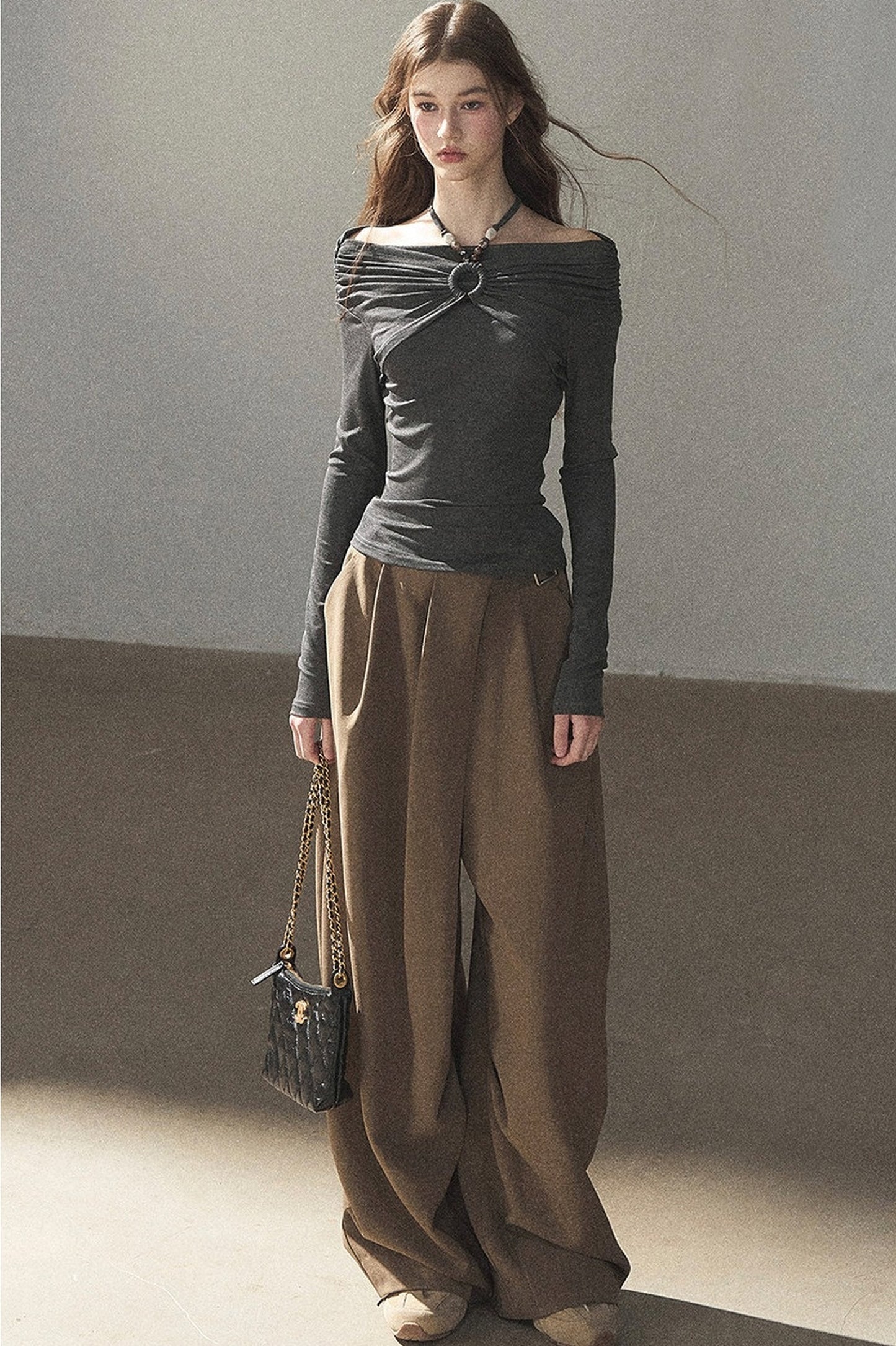 One-Shoulder Long-Sleeve Halter Blouse