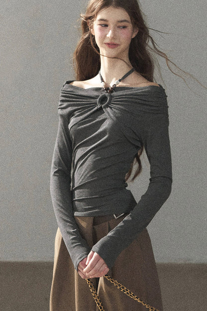 One-Shoulder Long-Sleeve Halter Blouse