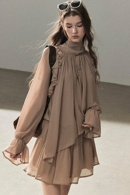 Ruffle Puffy Chiffon Dress and Leggings Set