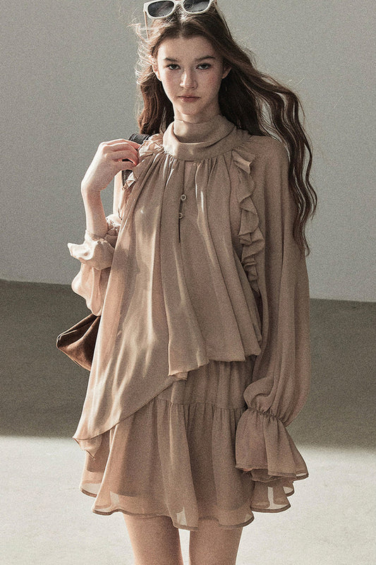 Ruffle Puffy Chiffon Dress and Leggings Set