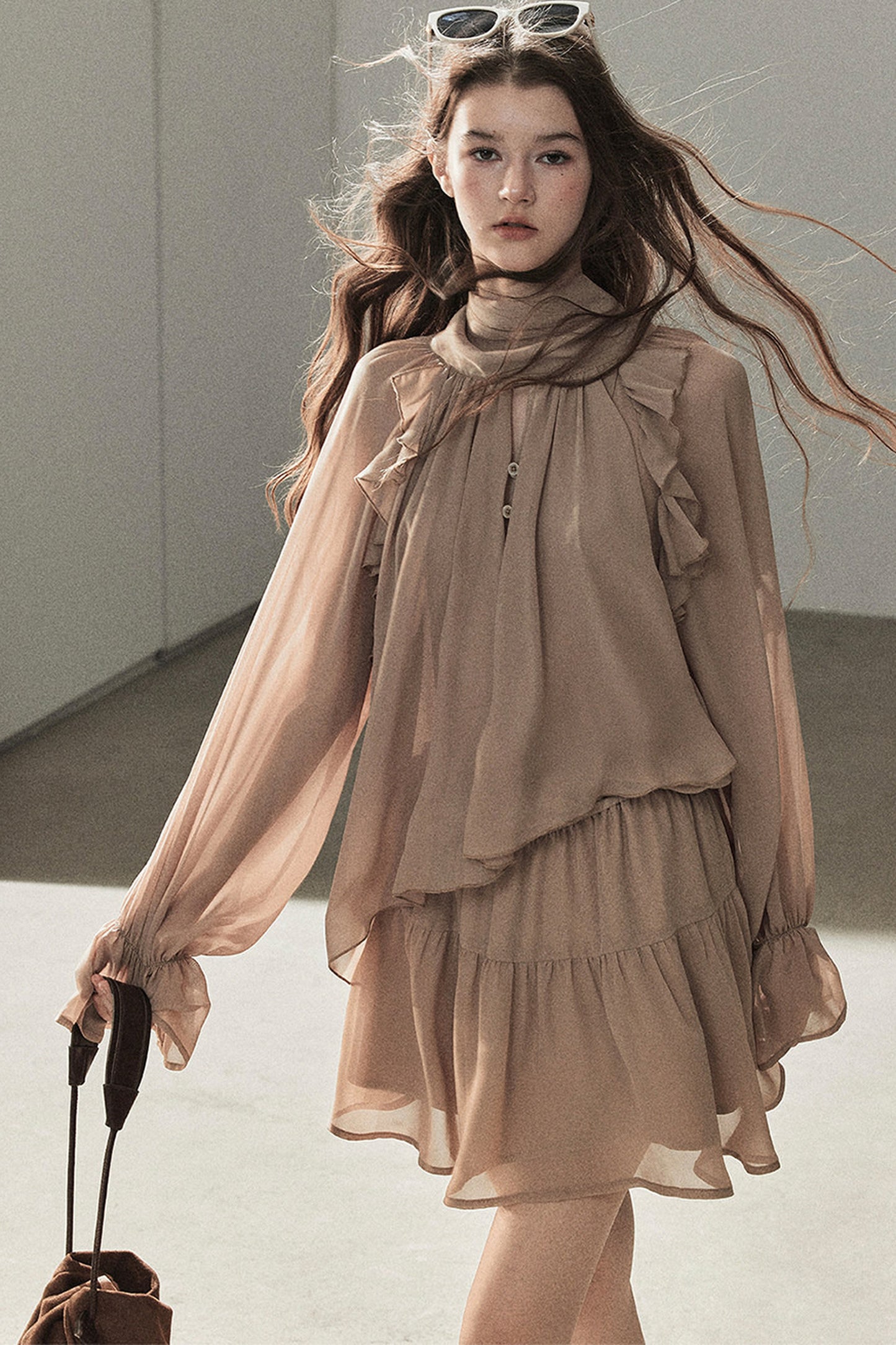 Ruffle Puffy Chiffon Dress and Leggings Set
