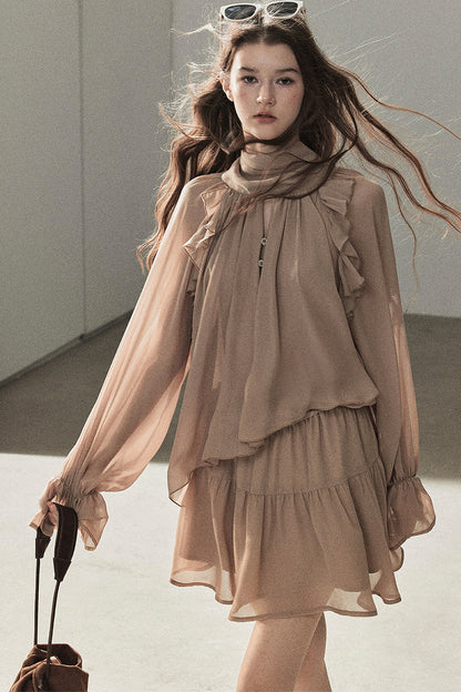 Ruffle Puffy Chiffon Dress and Leggings Set