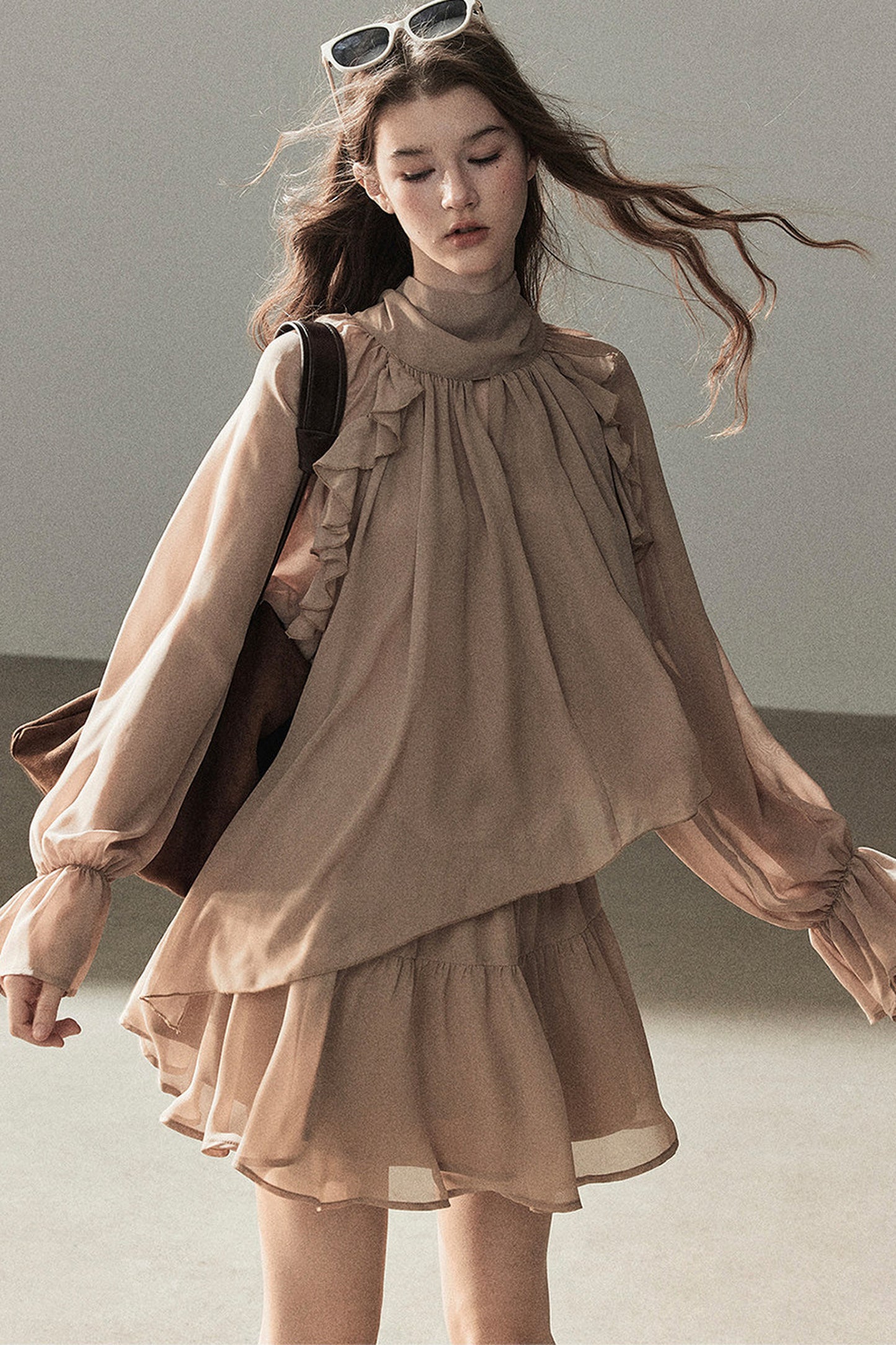 Ruffle Puffy Chiffon Dress and Leggings Set