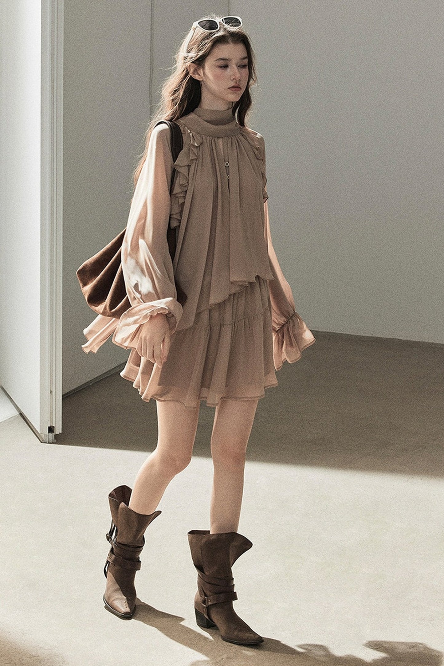 Ruffle Puffy Chiffon Dress and Leggings Set