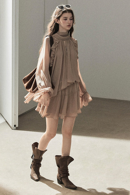 Ruffle Puffy Chiffon Dress and Leggings Set