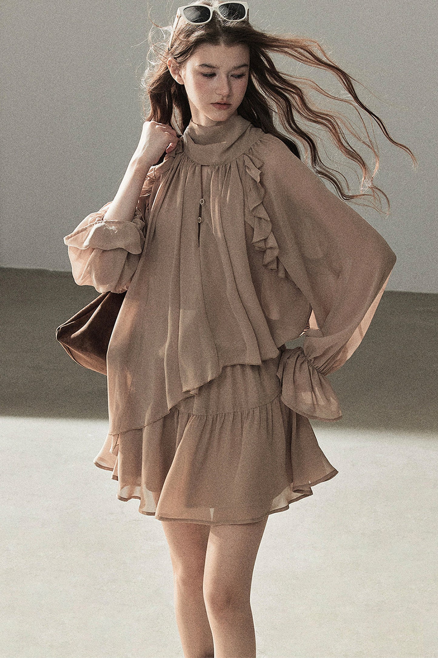 Ruffle Puffy Chiffon Dress and Leggings Set