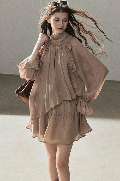 Ruffle Puffy Chiffon Dress and Leggings Set
