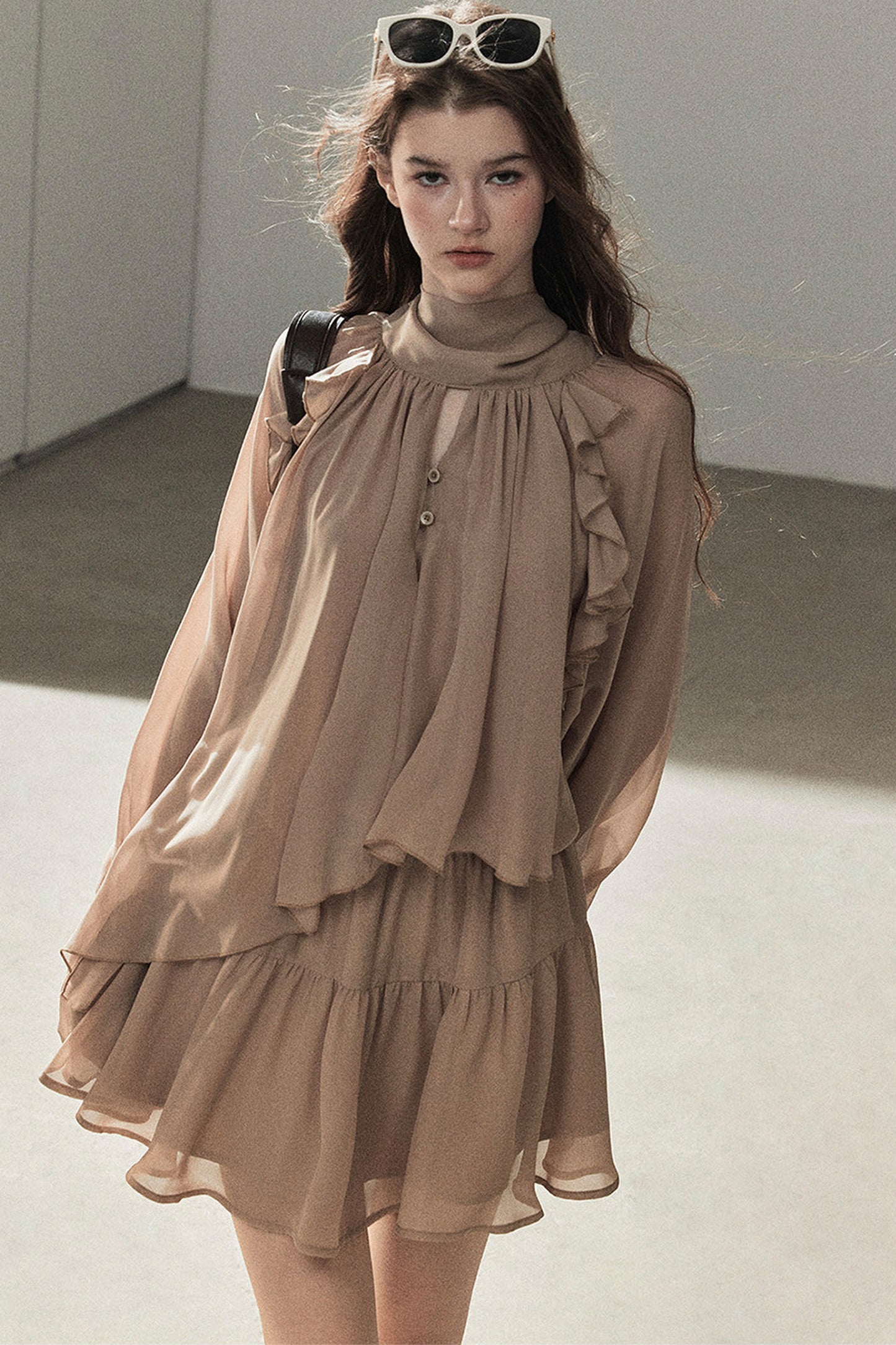 Ruffle Puffy Chiffon Dress and Leggings Set