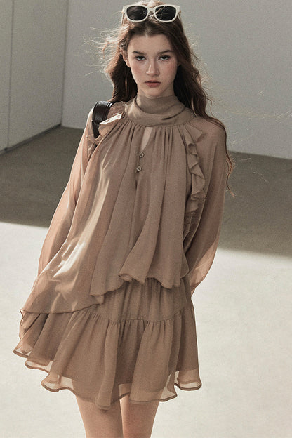 Ruffle Puffy Chiffon Dress and Leggings Set
