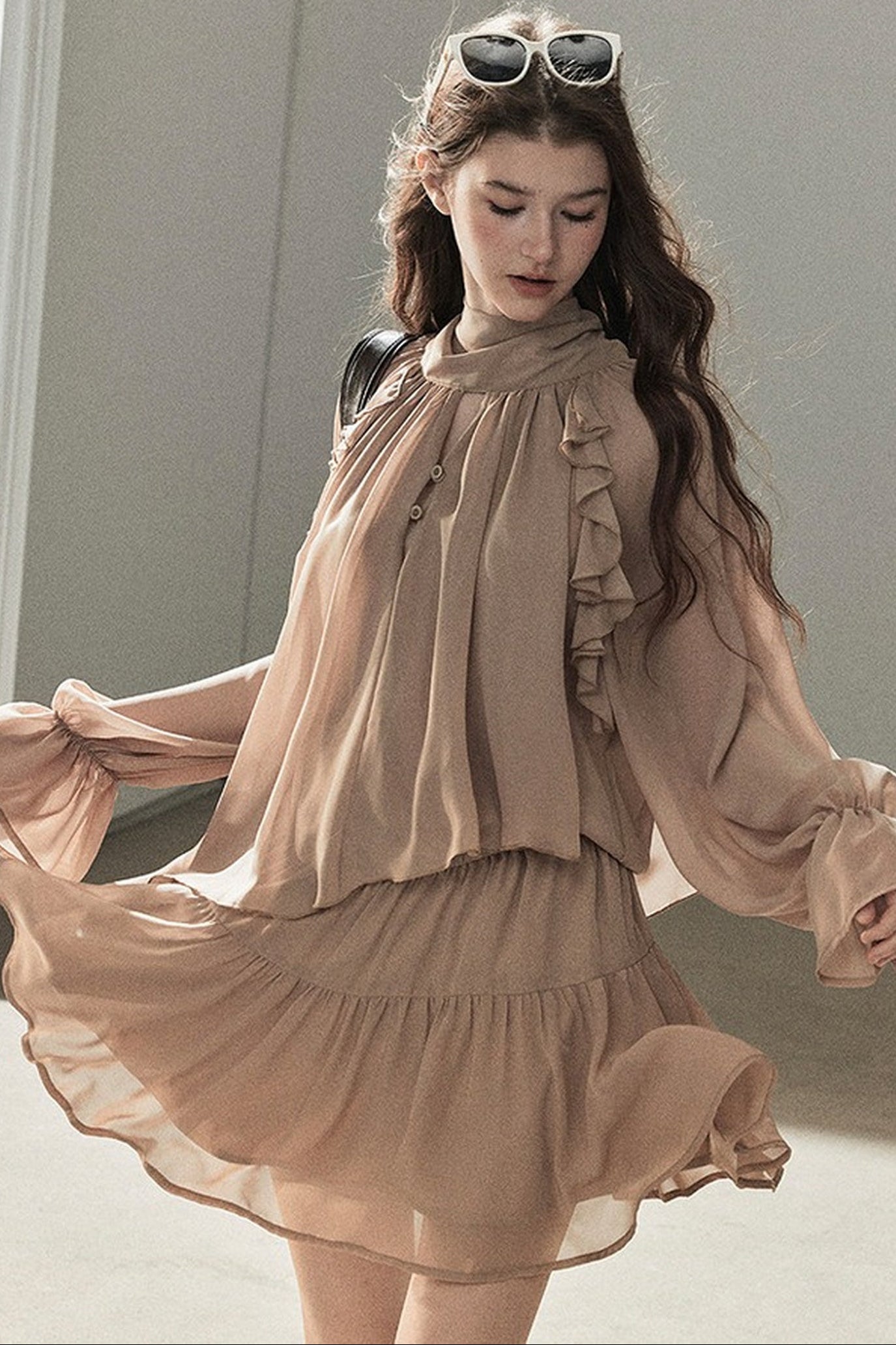 Ruffle Puffy Chiffon Dress and Leggings Set