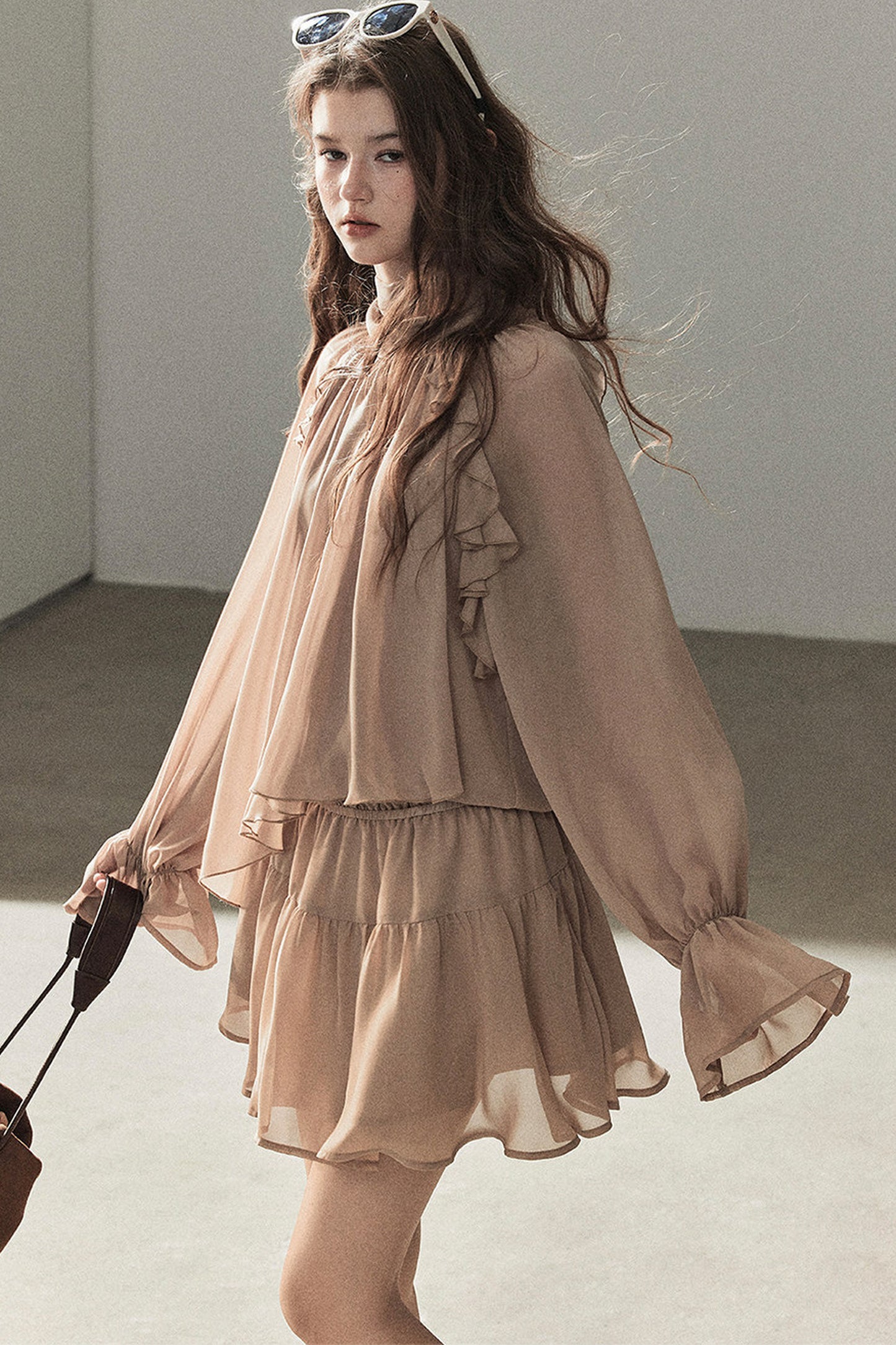 Ruffle Puffy Chiffon Dress and Leggings Set