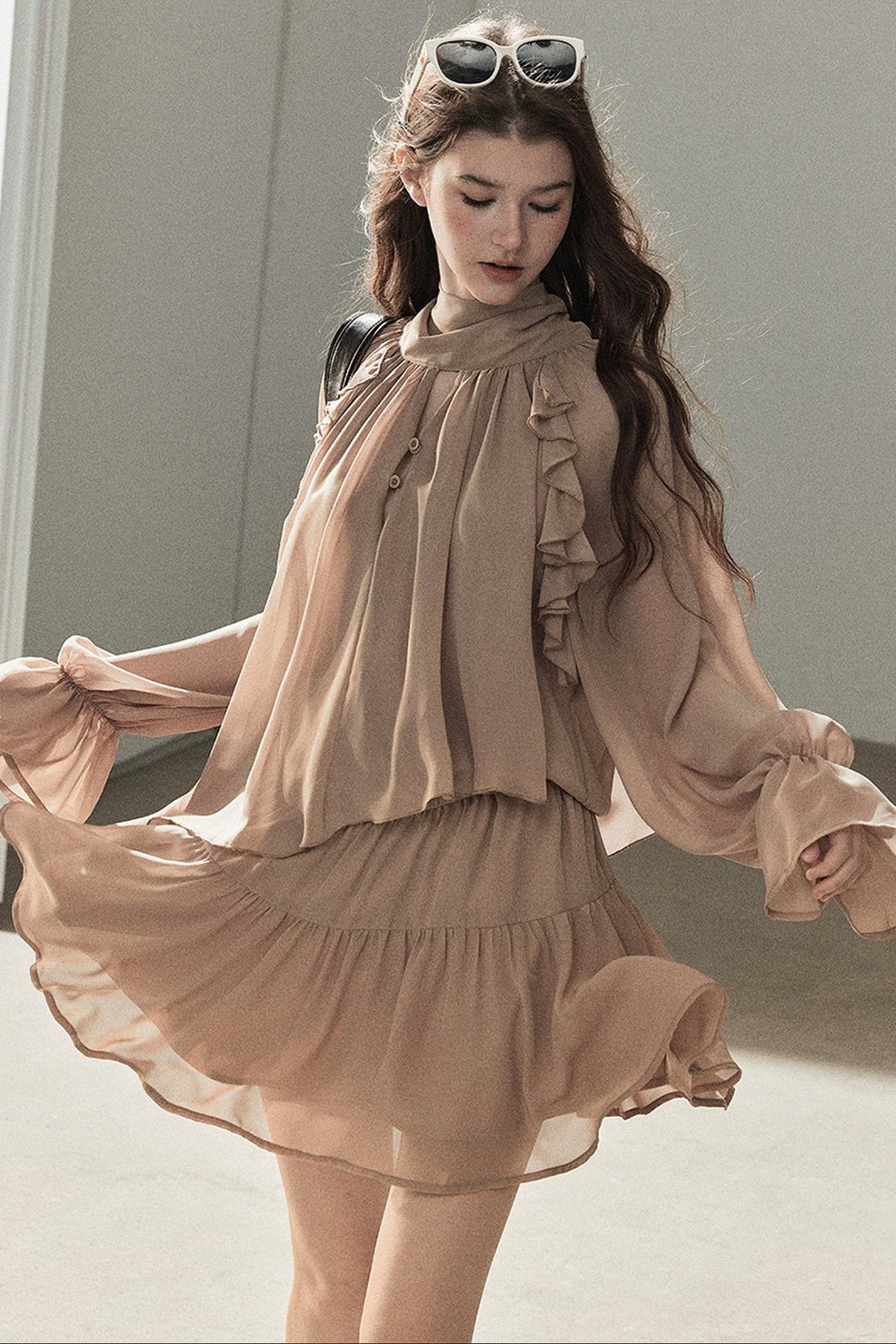 Ruffle Puffy Chiffon Dress and Leggings Set
